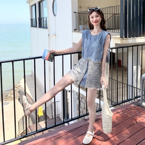 现货：夏装新款牛仔拼接蕾丝马甲短裤两件套2C135-8866P145K218图片