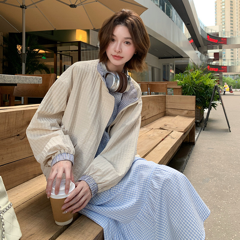 减龄文艺复古格子连衣裙套装女2025秋季简约学院风翻领外套两件套,女装套装/套裙,2C122