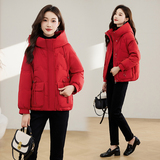 连帽羽绒服女2025年冬季新款加厚保暖宽松显瘦大红色过年喜庆外套，女装羽绒服，蓝朵琳