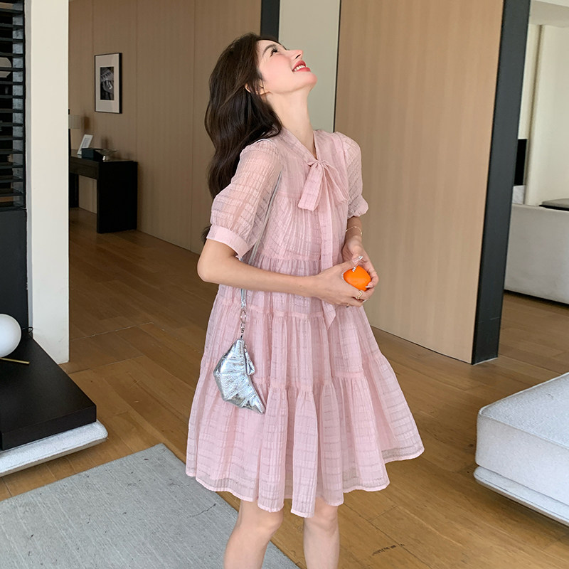 粉色蝴蝶结连衣裙女2025夏季新款法式温柔风甜美减龄小个子娃娃裙,女装连衣裙,2C113