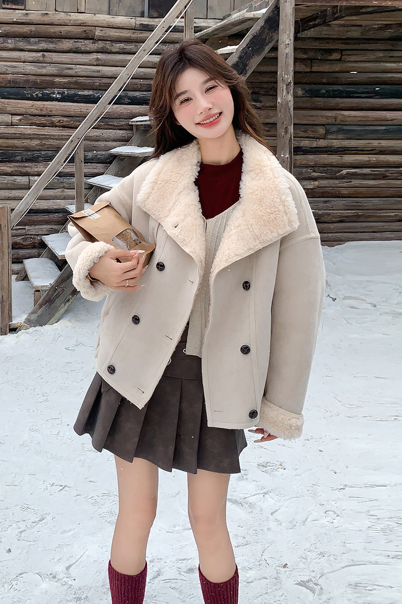 米白色皮毛一体羊羔毛外套女冬季短款夹克加厚棉服6099P225K338,女装棉衣/棉服,2C166