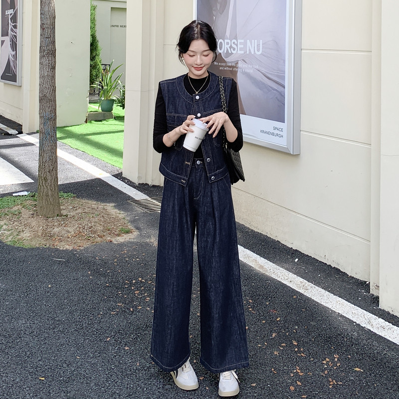 港风时尚设计感牛仔套装女2025秋季新款休闲宽松外套阔腿裤两件套,女装套装/套裙,2D013