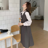灰色拼接假两件连衣裙女春秋2025新款法式收腰学院风气质爆款流行，女装连衣裙，2C092
