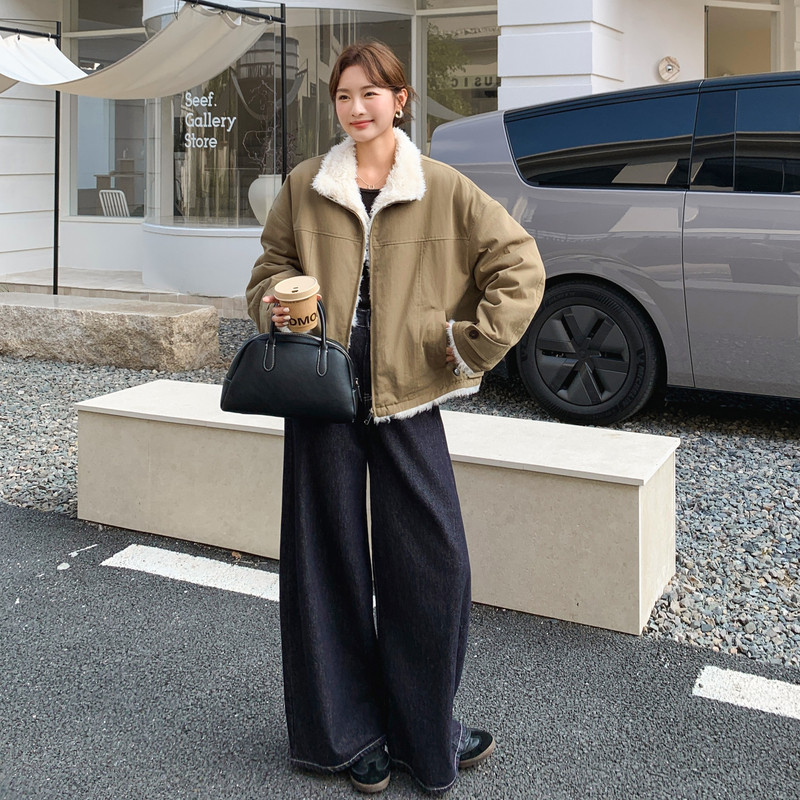 卡其色加绒加厚工装棉服女2025冬季新款韩系休闲百搭羊羔毛外套潮,女装派克服,2C159
