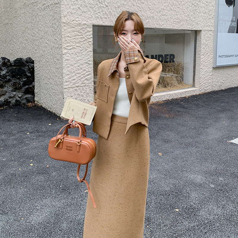 卡其色韩系小香风毛呢套装裙女春秋2026新款气质轻熟半身裙两件套,女装套装/套裙,2C166