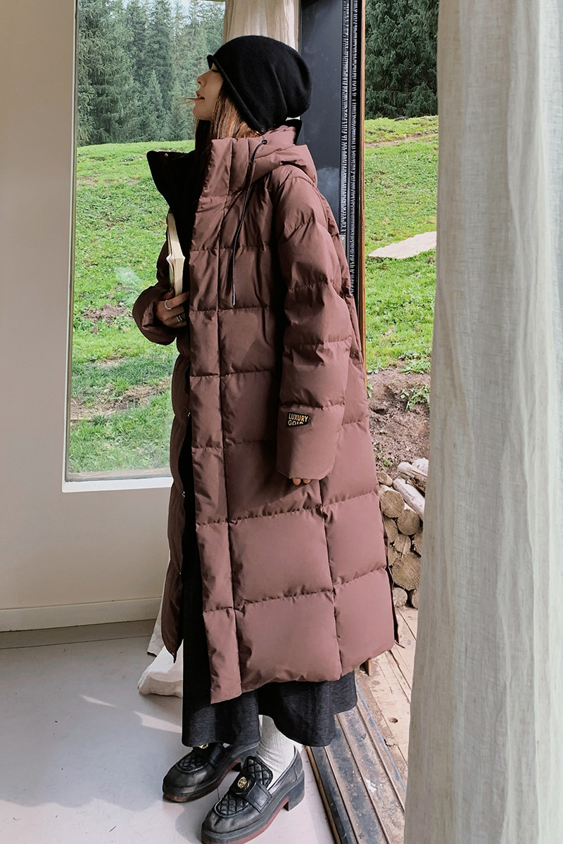黑金鹅绒羽绒服女长款2025年冬装新款韩版宽松过膝白鹅绒外套,女装羽绒服,2C177