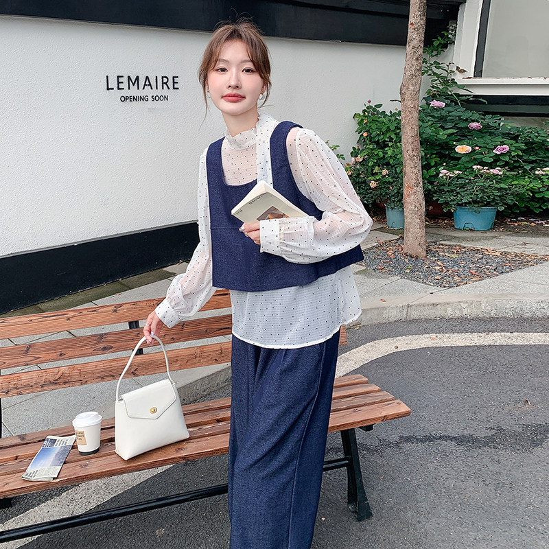 深蓝色休闲时尚套装女2025春季新款气质波点衬衫马甲阔腿裤三件套,女装套装/套裙,2C177