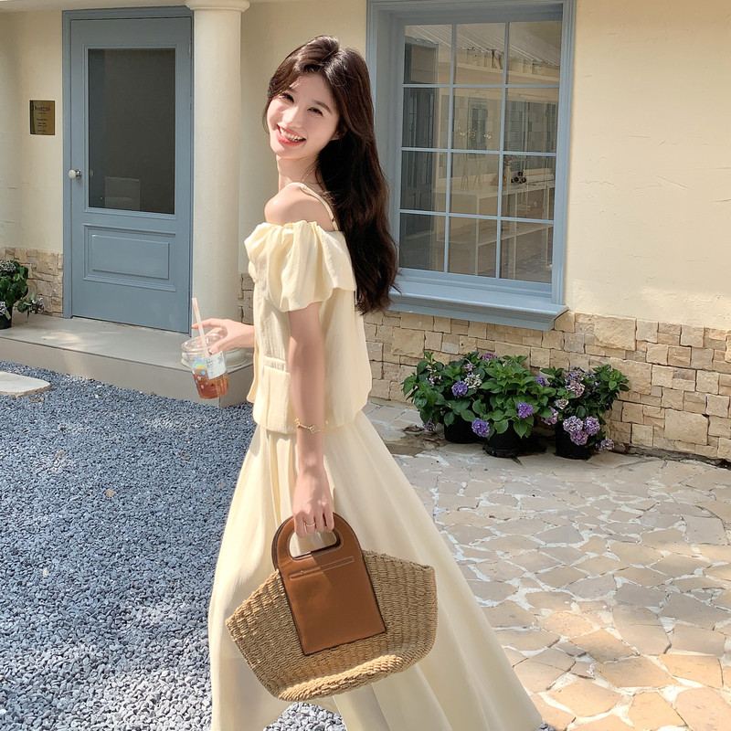 法式高端女神范优雅套装2025夏新款设计感一字肩上衣半身裙两件套,女装套装/套裙,2C159