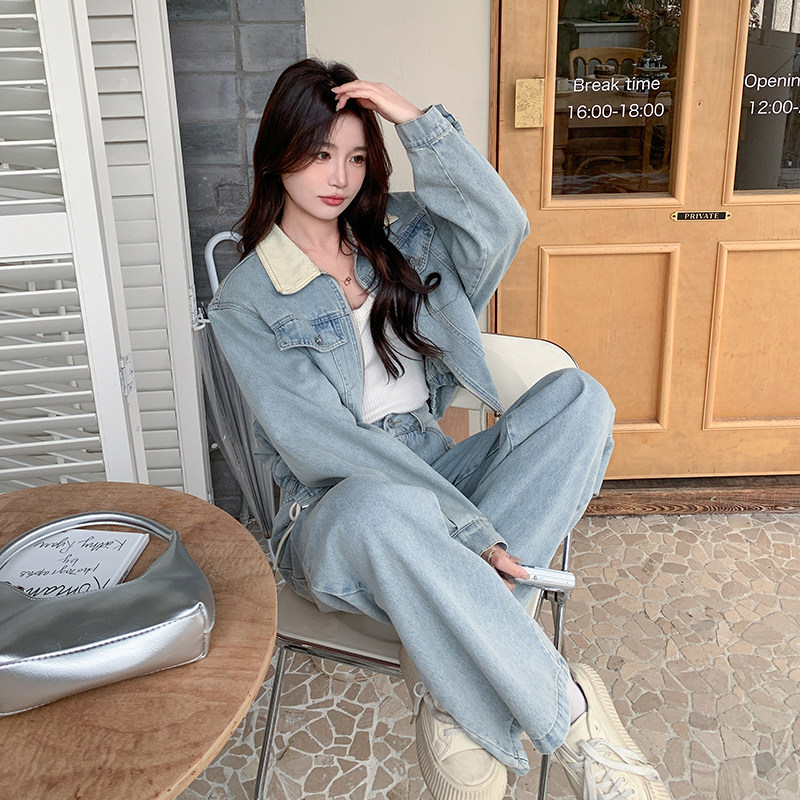 洋气牛仔时尚套装女2024春季新款水洗做旧外套阔腿牛仔裤两件套潮,女装套装/套裙,2C133