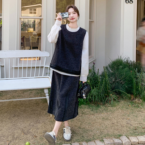 高级感马甲背心花边领泡泡袖衬衫三件套女春季高腰韩系大摆裙套装图片