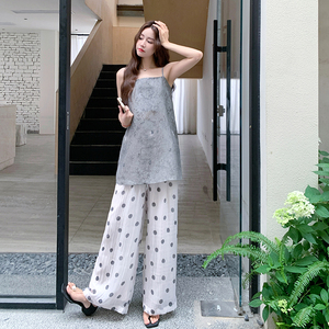 灰色蕾丝吊带阔腿裤套装女夏2025新款两件套韩系轻熟风小众爆款图片