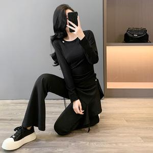 高级感欧货时尚套装女秋新款温柔风圆领长袖假两件修身长裤两件套图片