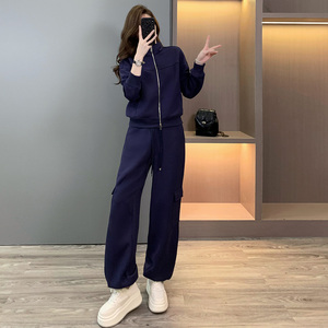 港风炸街休闲运动套装女春季洋气修身双头拉链卫衣阔腿长裤两件套图片