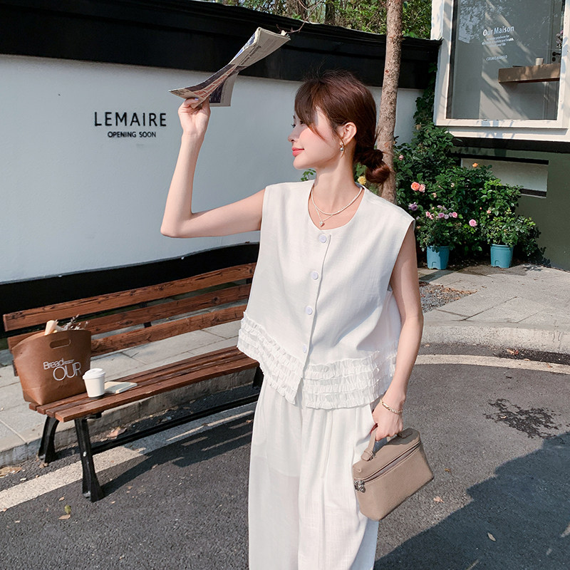 韩系穿搭一整套女2025夏季新款小众设计感木耳花边马甲阔腿裤套装,女装套装/套裙,2C126