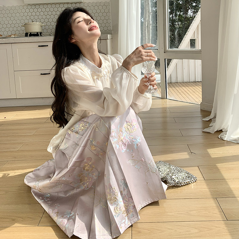 新中式国风马面裙套装女2025春季时尚新款流行气质上衣半身裙套装,女装套装/套裙,2C339