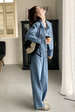 韩版休闲蓝色牛仔套装女小香风2025春季新款气质洋气外套阔腿裤，女装套装/套裙，2C206