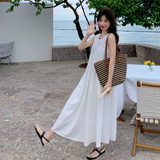 2025夏季新款设计感后边镂空无袖连衣裙女褶皱收腰显瘦背心裙长裙，女装连衣裙，2C012