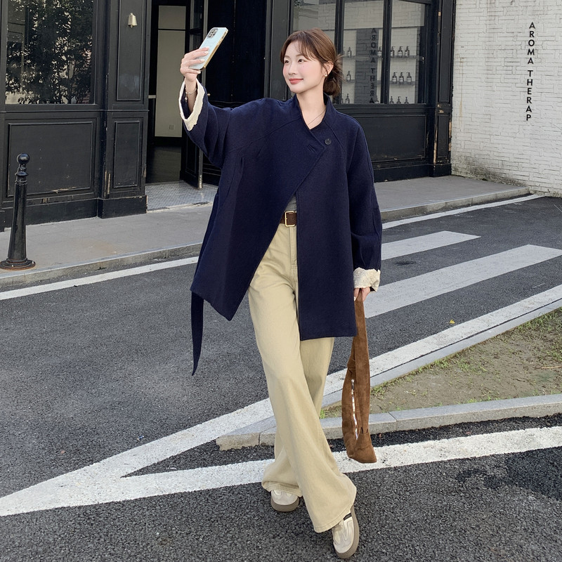 韩版蕾丝拼接深蓝色毛呢外套女秋冬2025新款流行爆款英伦风大衣,女装毛呢外套,2C159