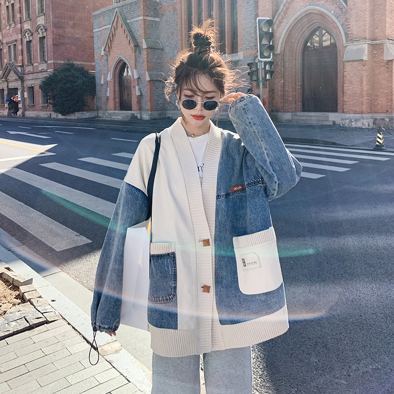 米白色针织拼接牛仔短外套女2023春秋新款韩系休闲高级棒球服上衣,女装短外套,2C112