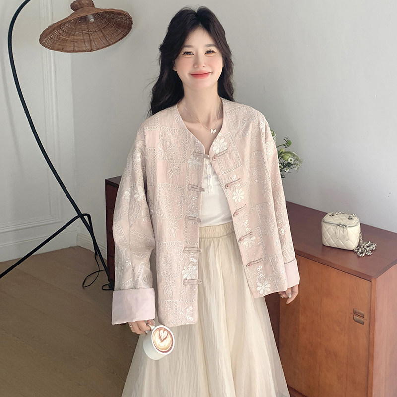 粉色新中式国风刺绣短外套女2025春季新款独特超好看气质圆领上衣,女装短外套,2C217
