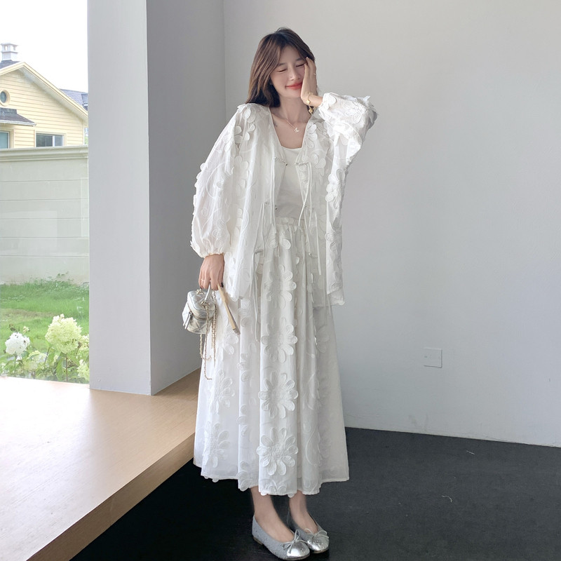 立体花朵宽松长袖衬衫+高腰半身裙两件套女2025秋季新款时尚套装,女装套装/套裙,2C093