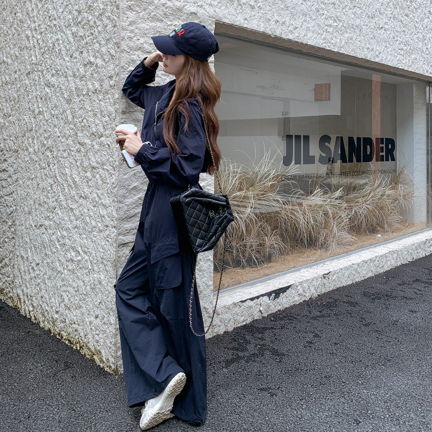 藏青松弛感系休闲运动套装女2026秋韩系连帽工装外套阔腿裤两件套,女装套装/套裙,2C218