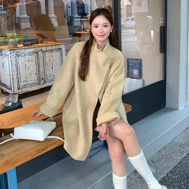 韩版黄色中长款小个子双面羊毛大衣女冬季新款高级感加厚毛呢大衣,女装羊绒大衣,2D034