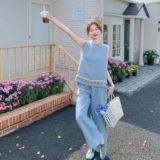 蓝色休闲松弛感套装女2025夏季新款气质时尚亮片背心阔腿裤两件套，女装套装/套裙，2C166