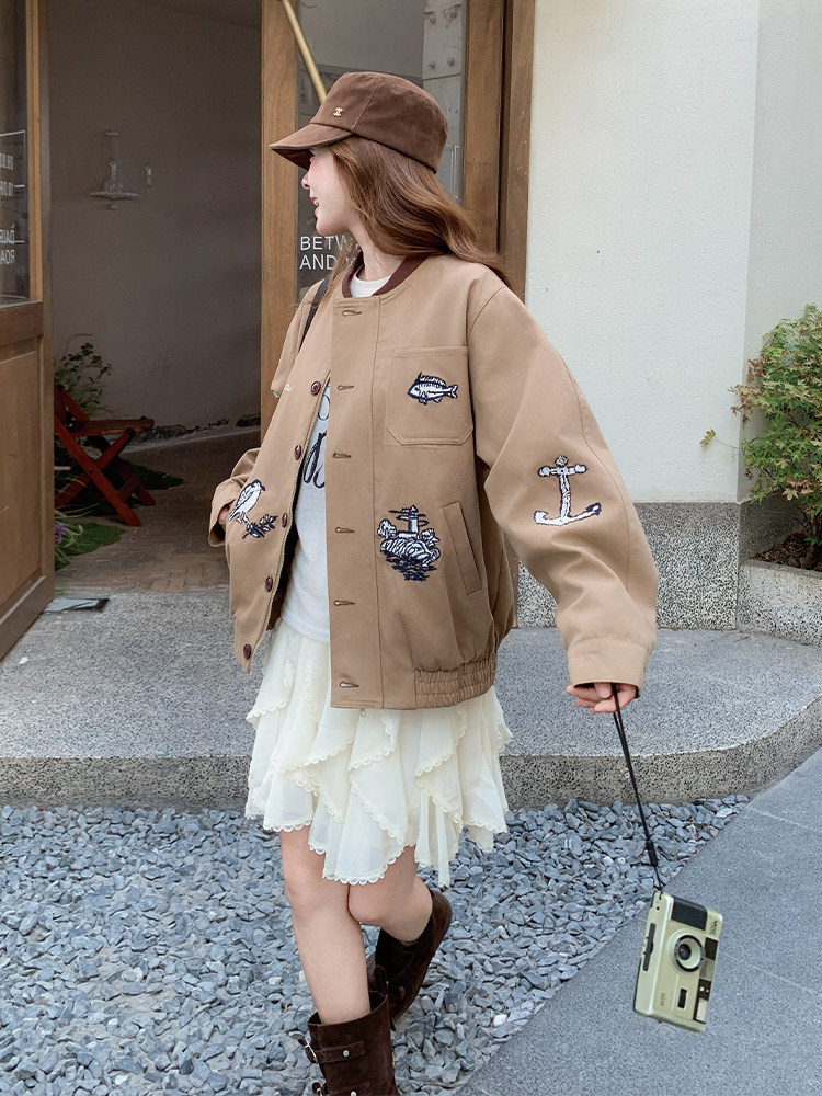 新款！现货！复古高级感重工刺绣棒球服外套6865-P165-K248,女装派克服,2D034