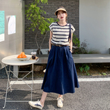 【现货】法式条纹短袖t恤套装裙牛仔半身裙两件套3027P130控188，女装套装/套裙，2C166