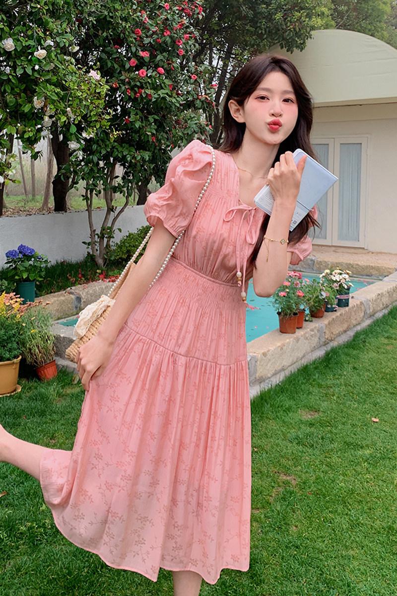 法式茶歇泡泡袖连衣裙女2025夏季新款韩版甜美温柔风收腰显瘦长裙,女装连衣裙,2C029