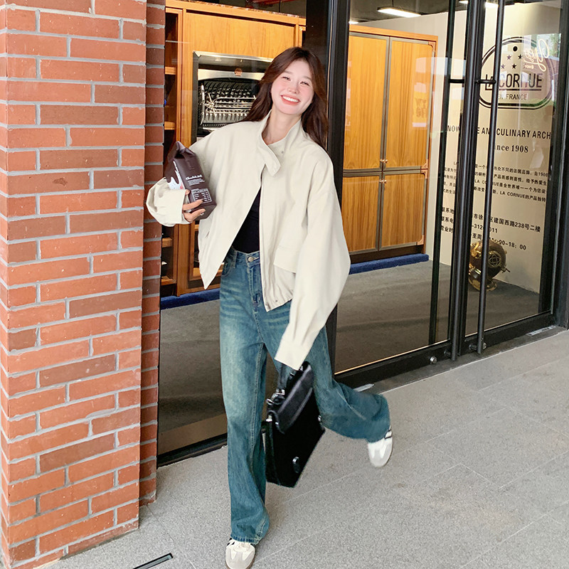 米白色立领洋气女chic韩系宽松短款夹克流行炸街外套,女装短外套,2C166