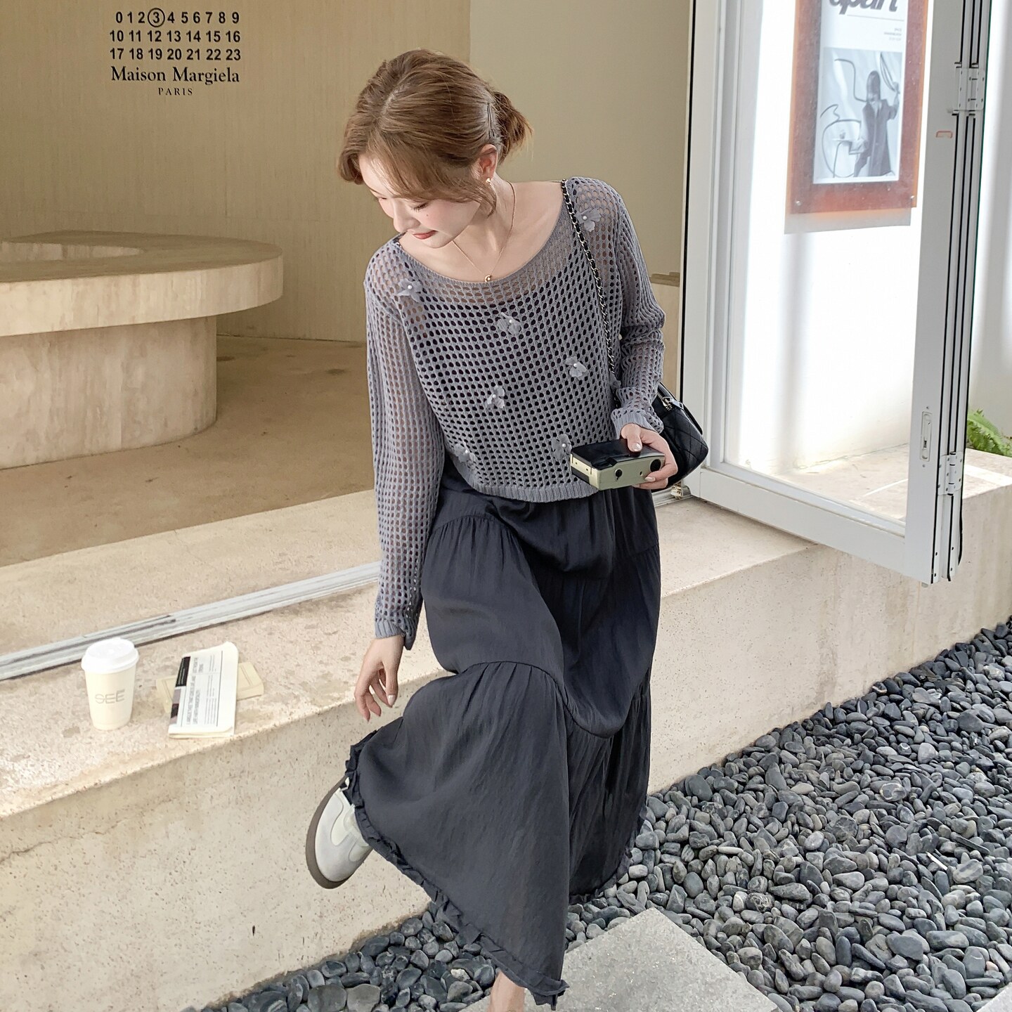 温柔风镂空罩衫上衣两件套连衣裙女早秋2025新款气质深灰色吊带裙,女装套装/套裙,2C218