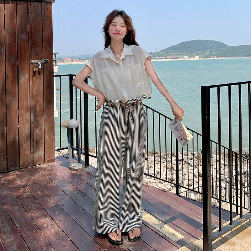 现货：夏装新款薄款衬衫＋条纹阔腿裤两件套装2C135-5091P110K168,女装套装/套裙,2C135