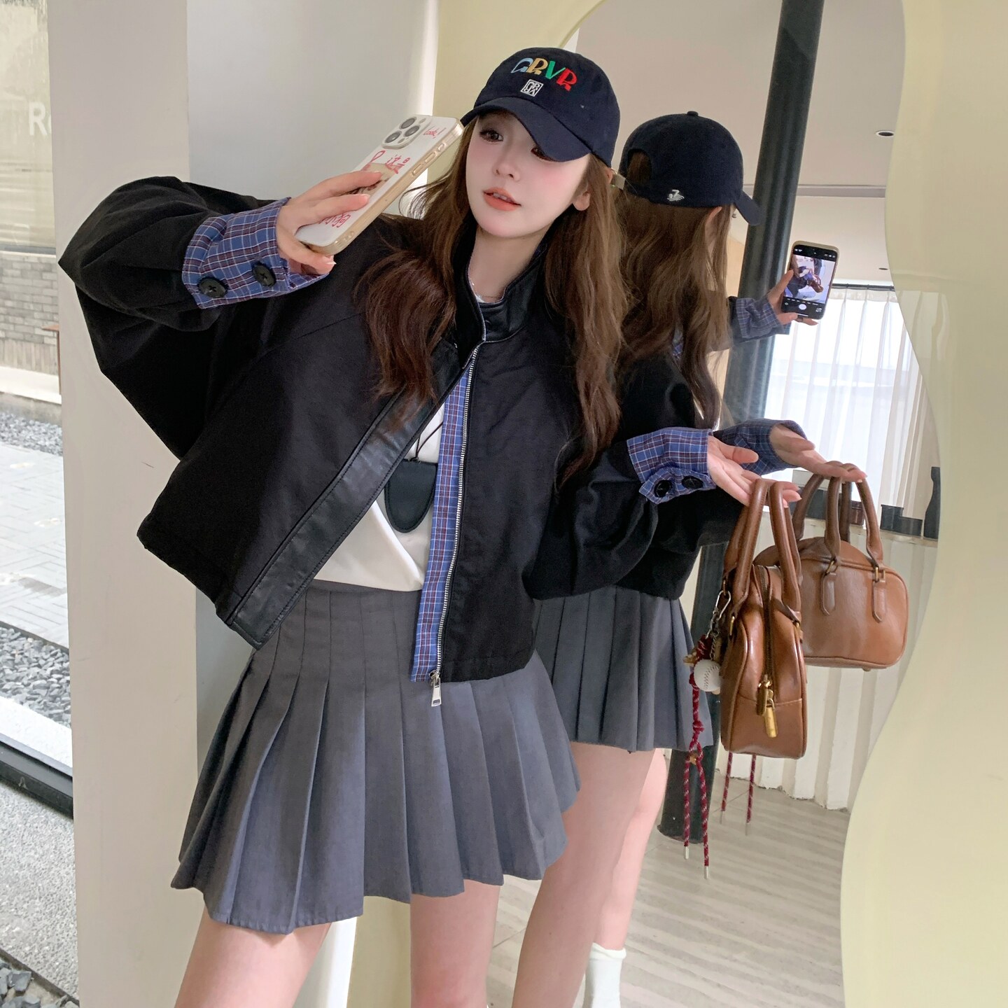 减龄休闲格纹拼接短外套女,女装短外套,2C012