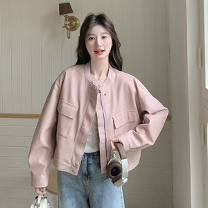 粉色立领皮衣外套女2025年新款春季chic韩系小个子机车风百搭夹克图片