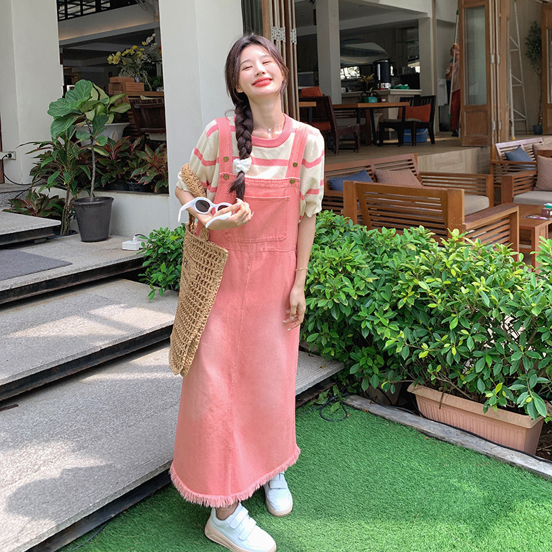 粉色牛仔背带裙女2024夏季新款韩系复古小个子遮肉减龄长款连衣裙,女装孕妇装,2C177