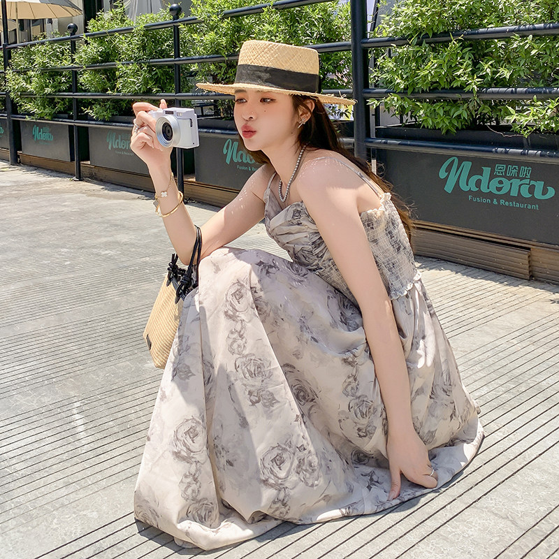 法式水墨印花气质吊带连衣裙女2025夏季新款韩版收腰显瘦复古长裙,女装连衣裙,2C222