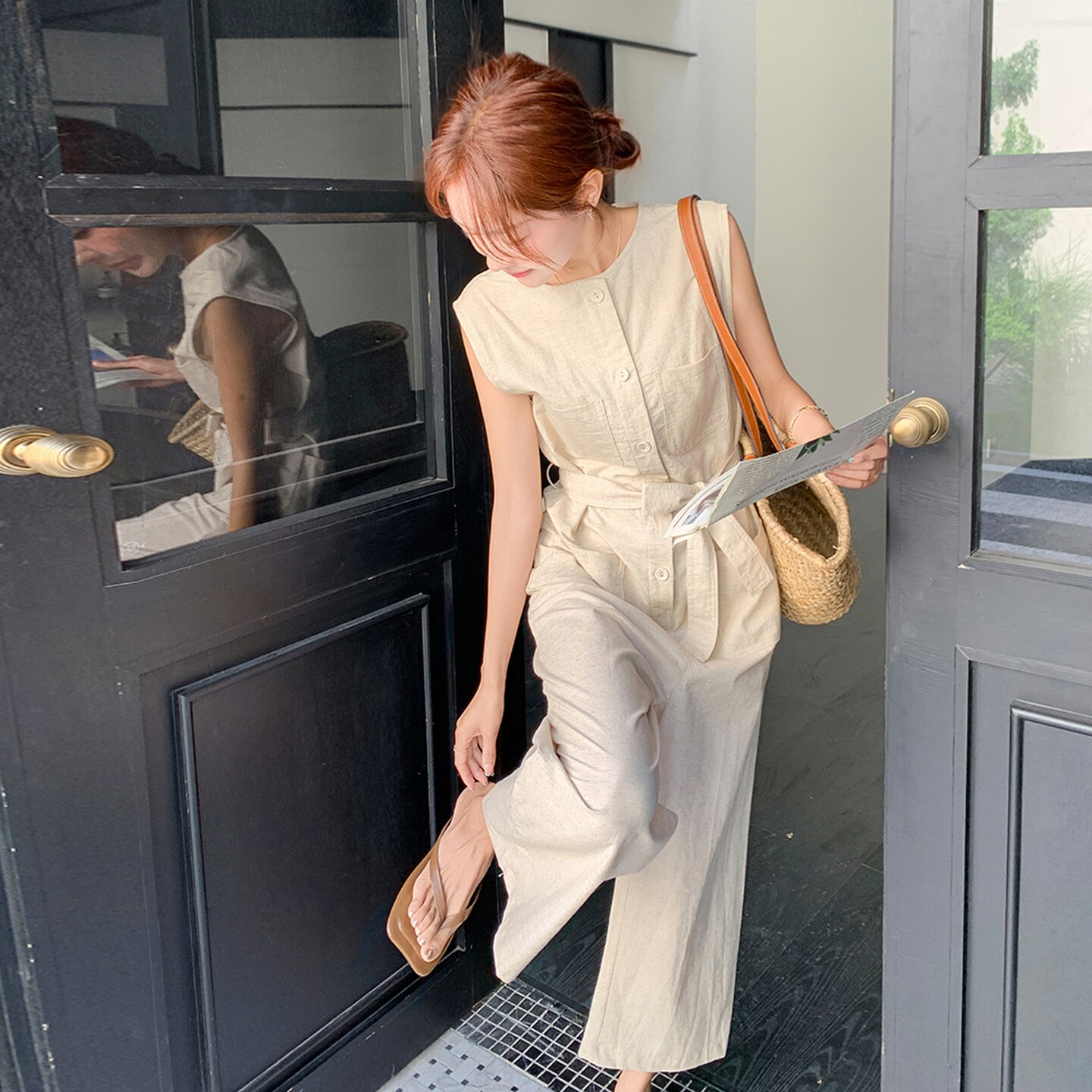欧货洋气时尚圆领米色连体裤女夏季无袖设计感宽松休闲百搭阔腿裤,女装连体裤,2C218