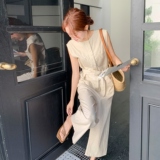 欧货洋气时尚圆领米色连体裤女夏季无袖设计感宽松休闲百搭阔腿裤，女装连体裤，2C218
