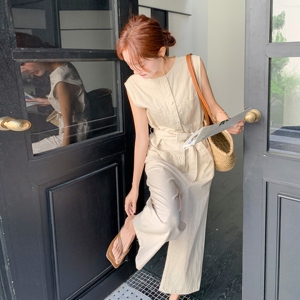 欧货洋气时尚圆领米色连体裤女夏季无袖设计感宽松休闲百搭阔腿裤图片
