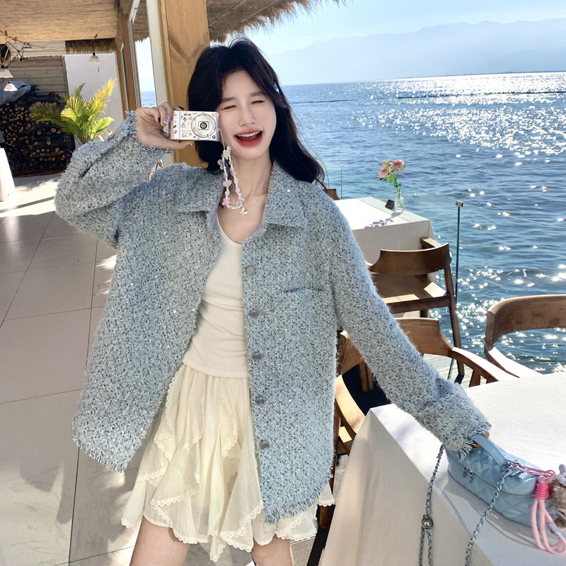 主推新款春季小香风毛边流苏亮片编织外套（大货已出）,女装毛呢外套,2C222