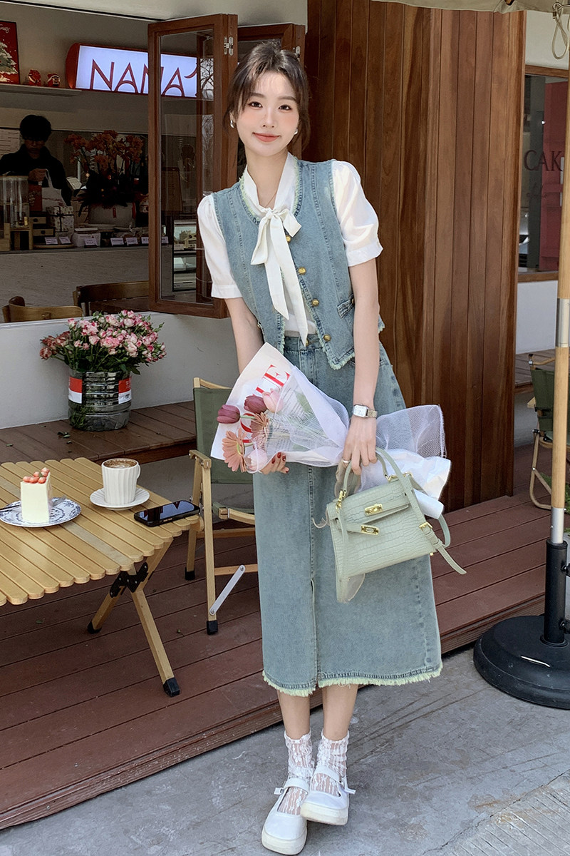 复古时尚牛仔套装裙女2024新款春夏洋气牛仔马甲衬衣半身裙三件套,女装套装/套裙,2C057