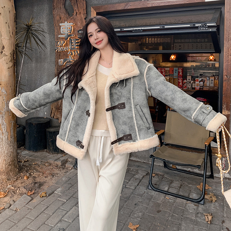 韩版洋气短款保暖皮毛一体棉服女2025年冬季新款显瘦加厚立领外套,女装棉衣/棉服,2C057