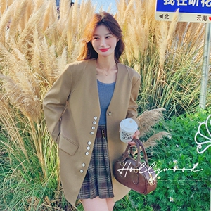 卡其色高品质西装外套女秋季2025年设计感小众休闲气质高级感西服图片