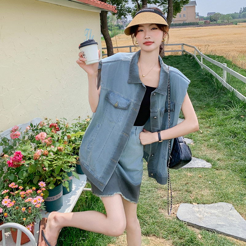 甜辣美式牛仔马甲套装女2025夏季新款炸街时尚上衣洋气短裙两件套,女装套装/套裙,2C115