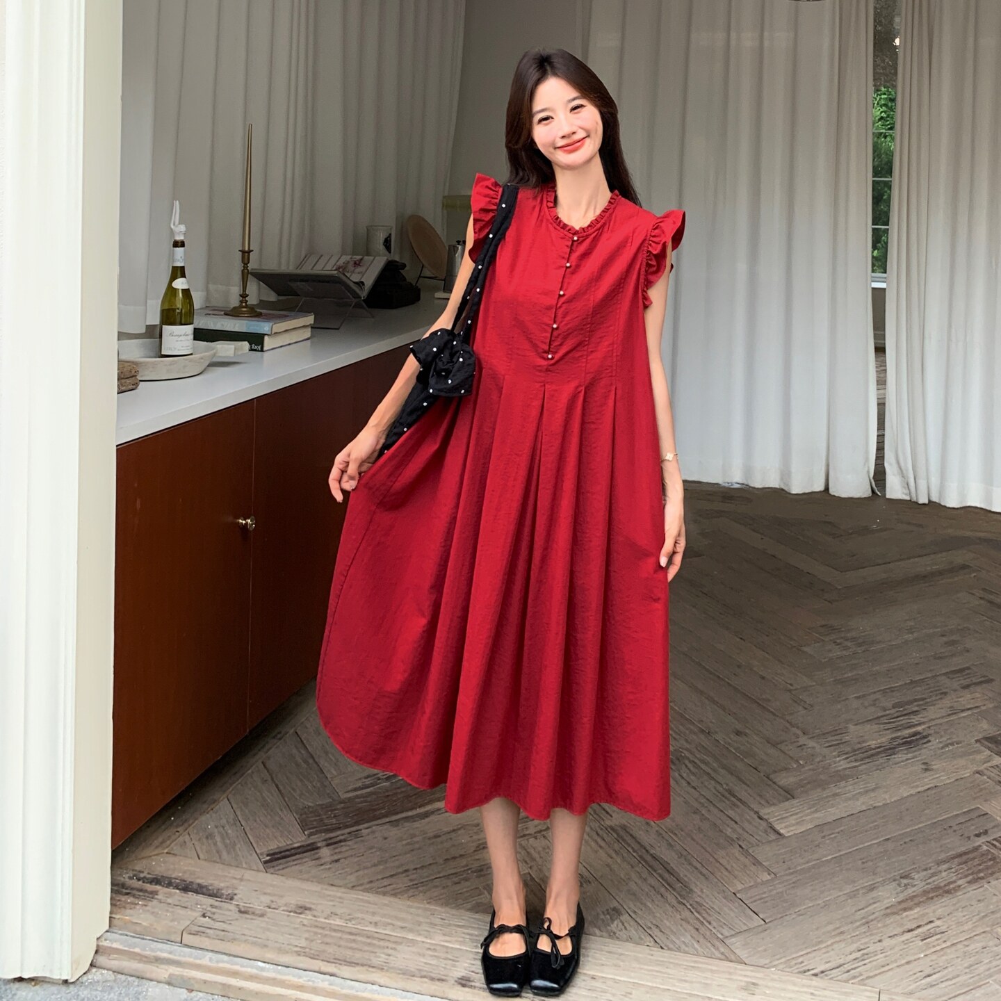 小飞袖红色连衣裙女夏2025新款法式小众设计感流行超火爆款长裙,女装连衣裙,2C273