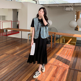 时尚国风气质牛仔马甲套装女2025夏季新款宽松显瘦T恤长裙两件套，女装连衣裙，2C029