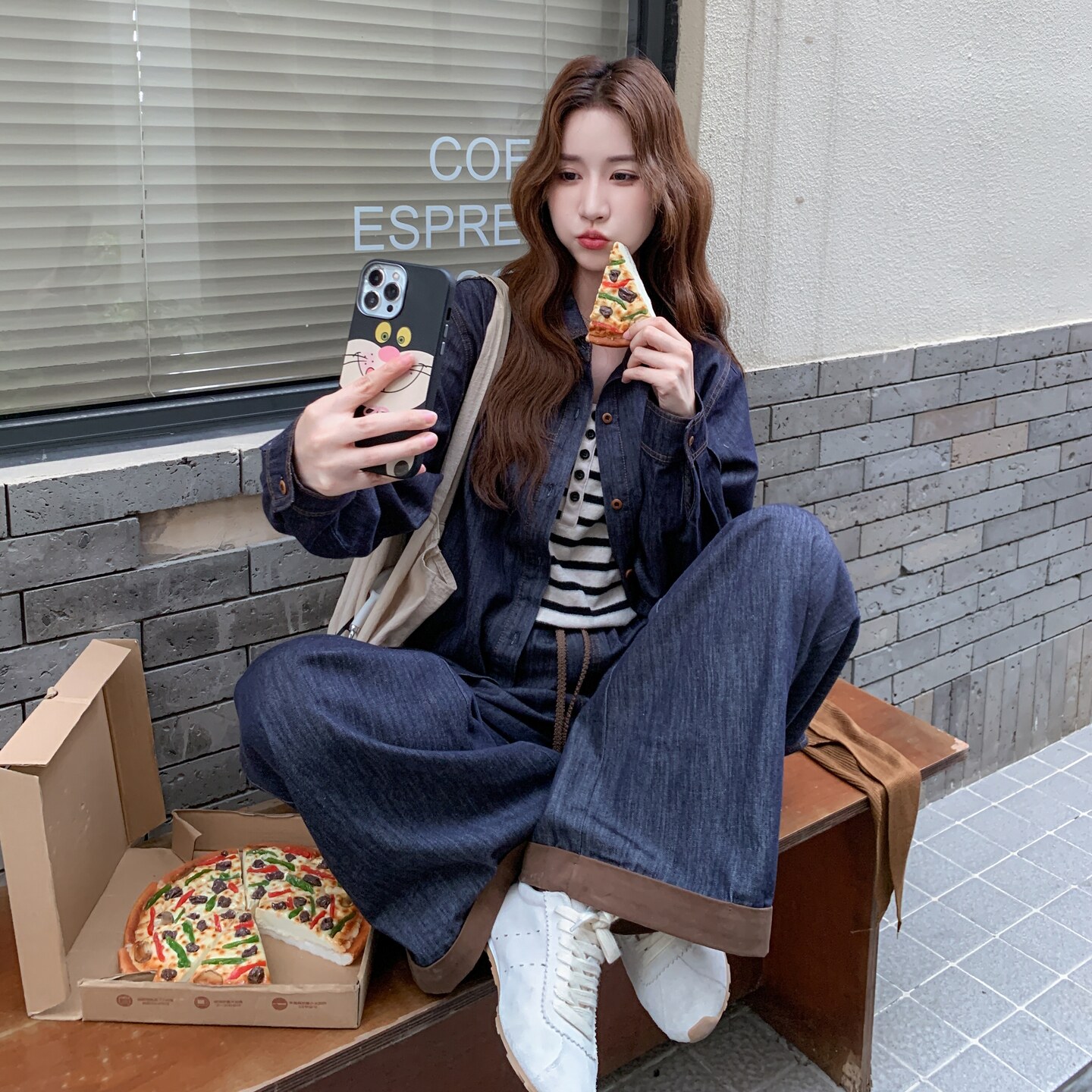 复古美式穿搭牛仔夹克上衣套装女春秋超火好看高级感阔腿裤两件套图片