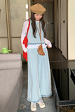 浅蓝色复古木耳边牛仔马甲套装女2025春季新款小个子阔腿裤三件套，女装套装/套裙，2C177